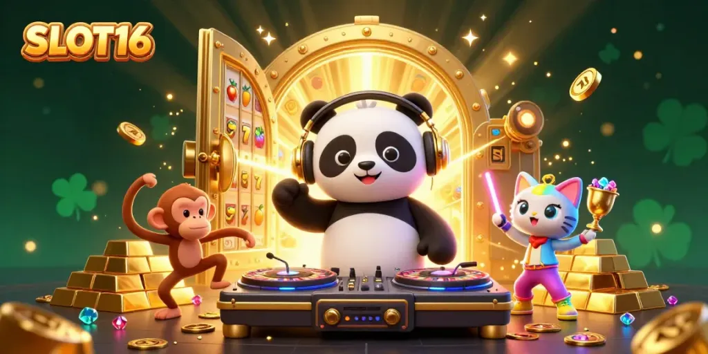 SLOT16 celebrates with a DJ panda spinning slots and gold treasures, captivating the casino vibe.
