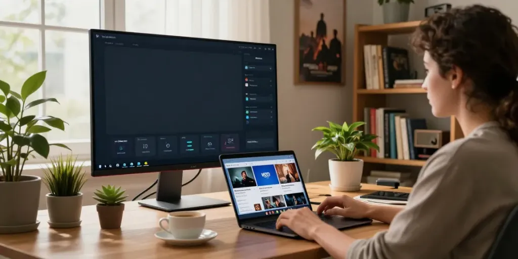A pessoa utilizando YouCine para PC em um ambiente de trabalho moderno, com laptop e plantas.
