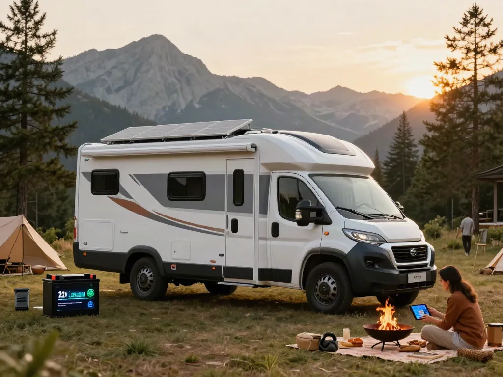 Couple enjoying a picnic at a campsite powered by 12V Lithium Batteries, surrounded by mountains.