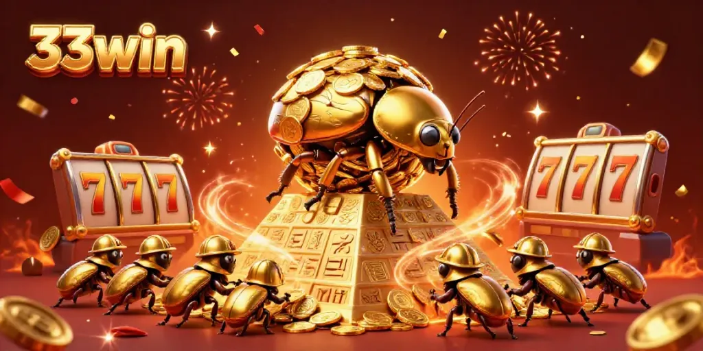 Experience the excitement of 33win with a golden beetle rolling coins and slot reels in a vibrant 3D scene.