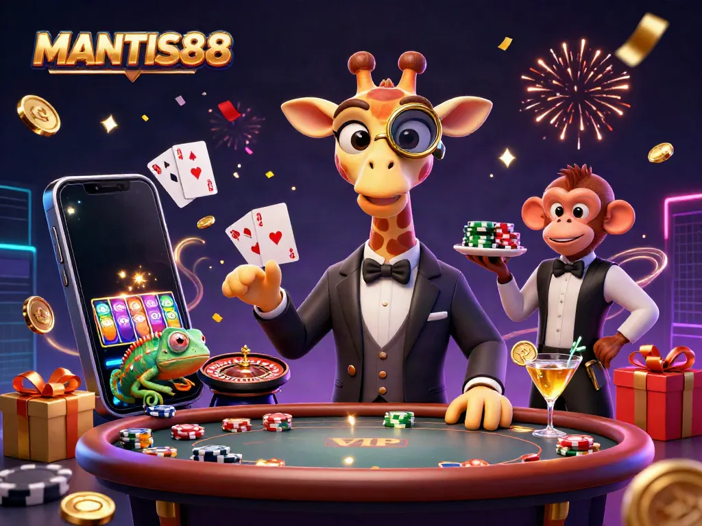 MANTIS88 brings a vibrant casino scene to life, featuring a high-roller giraffe, monkey valet, and chameleon bartender amidst colorful gaming elements.