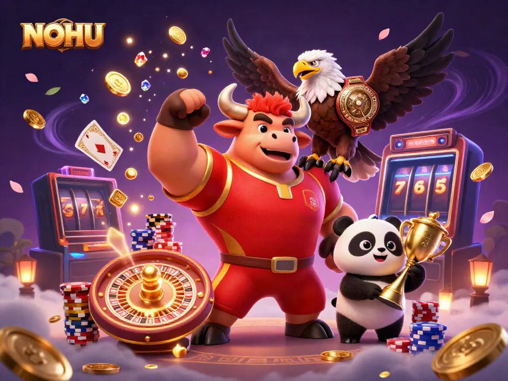 NOHU promotes exhilarating gameplay as the bull celebrates a jackpot win amidst casino treasures.