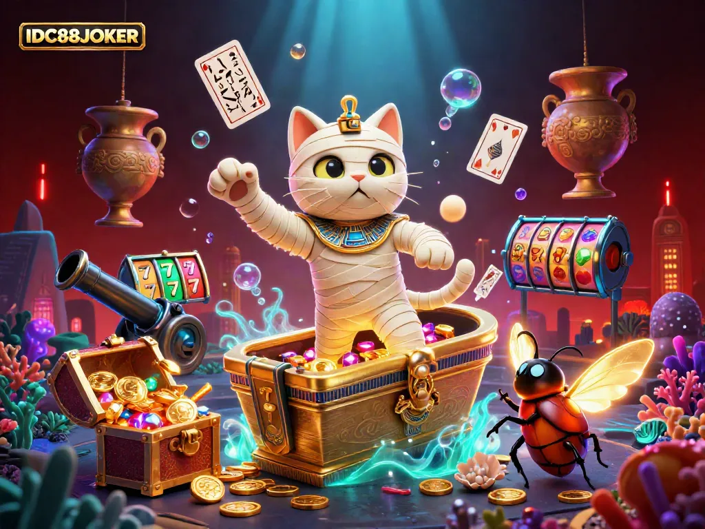 Play with IDC88JOKER in a vibrant casino world featuring a mummy cat, glowing elements, and rich treasures.