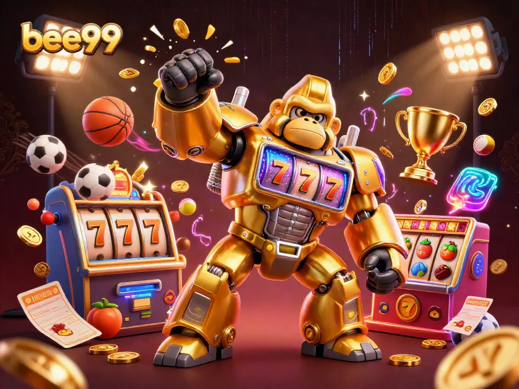 Experience excitement with bee999 as a golden gorilla mech bursts with coins and slot symbols in action.