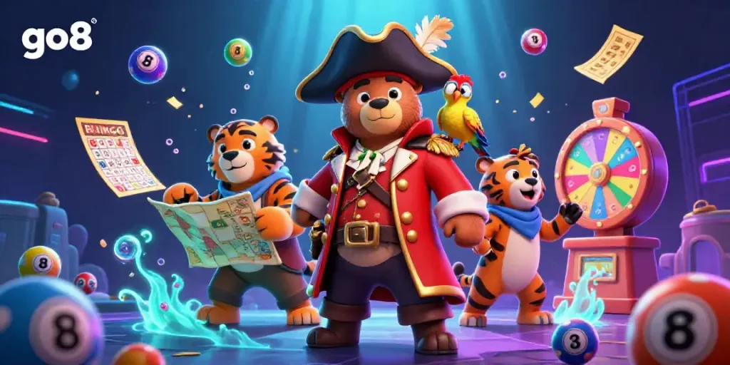 Experience the vibrant go8 lottery scene with a pirate captain bear, a fierce tiger, and golden elements.