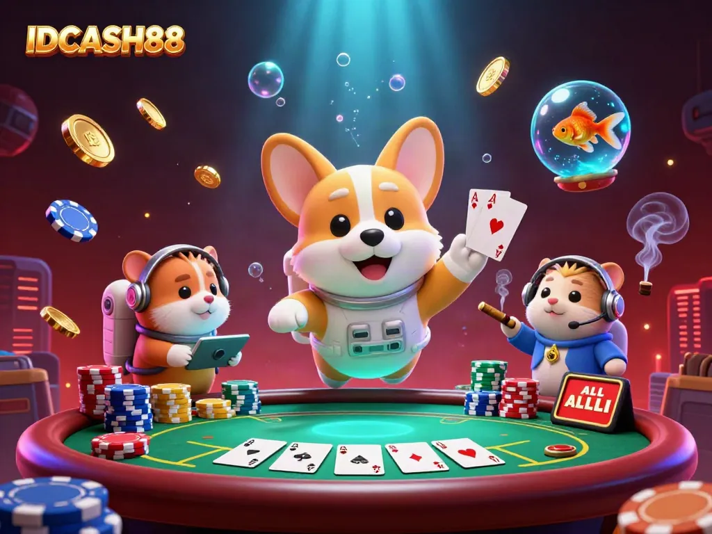 Experience thrilling gameplay with IDCASH88 while a corgi astronaut floats in a vibrant casino scene.