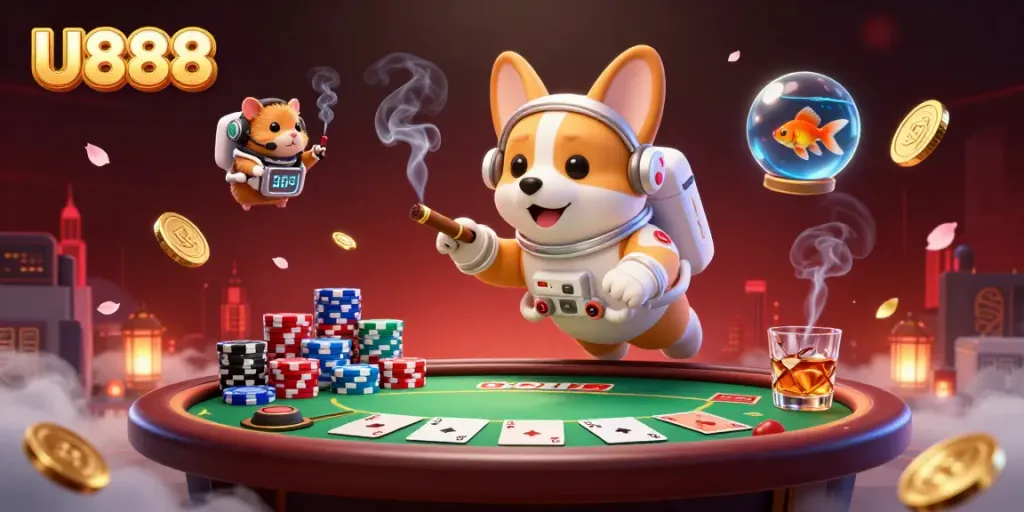 Experience U888 with a whimsical 3D scene of a floating corgi in a casino, poker chips, and glowing elements.