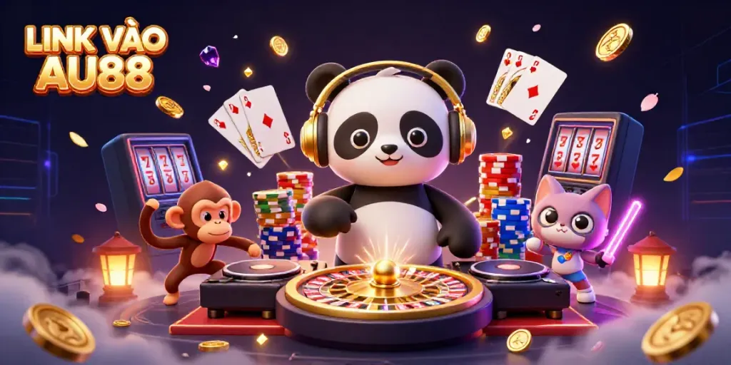 Experience the thrill with LINK VÀO AU88 featuring a DJ panda, dancing monkey, and partying kitten!