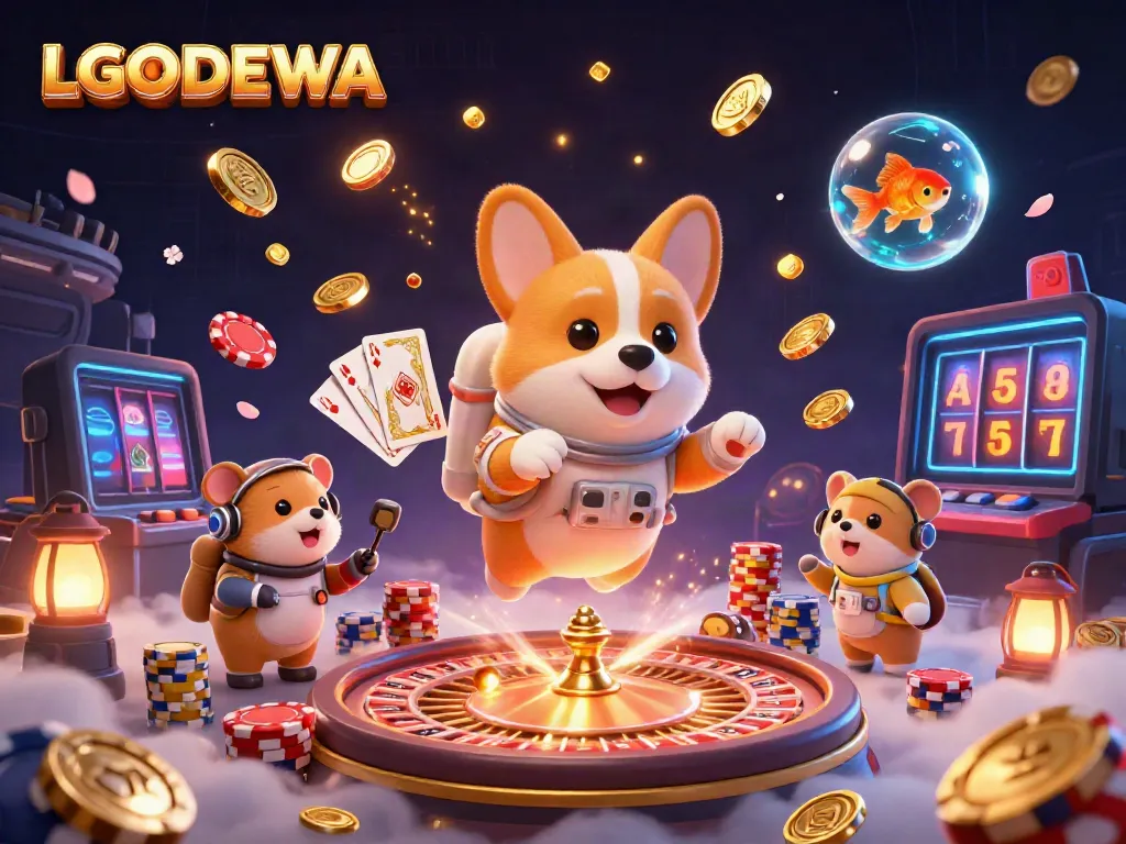 Engage with LGODEWA's casino thrills featuring a cartoon corgi astronaut in a space station.