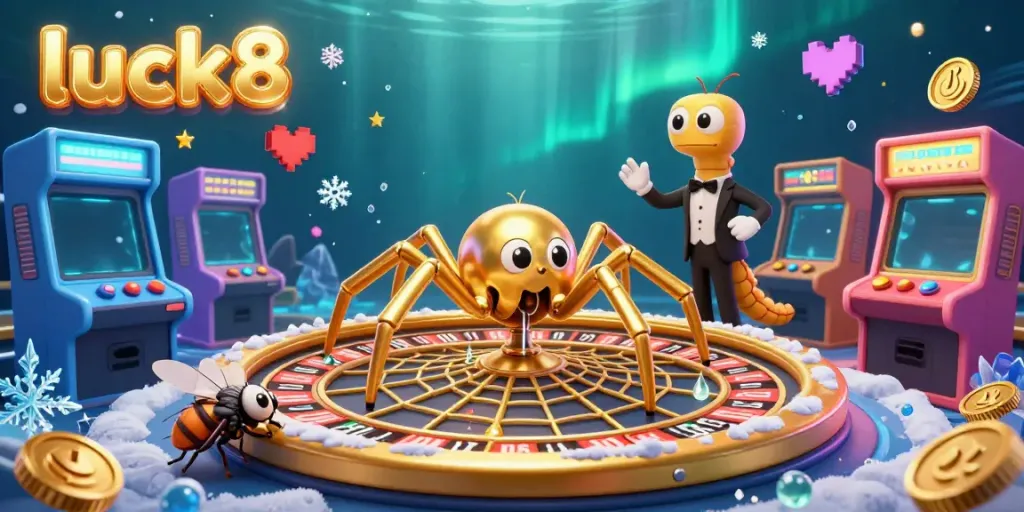Engage in thrilling casino excitement with luck8, featuring roulette, a spider dealer, and arcade elements in vibrant illustration.
