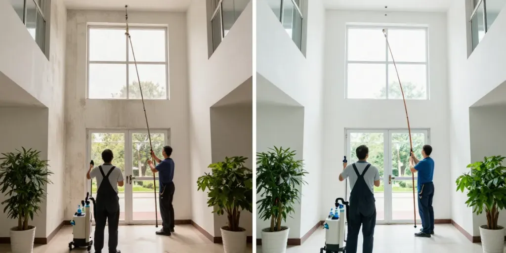 Professionelle Treppenhausreinigung mit Team und hochwertigen Reinigungsgeräten in Dortmund.