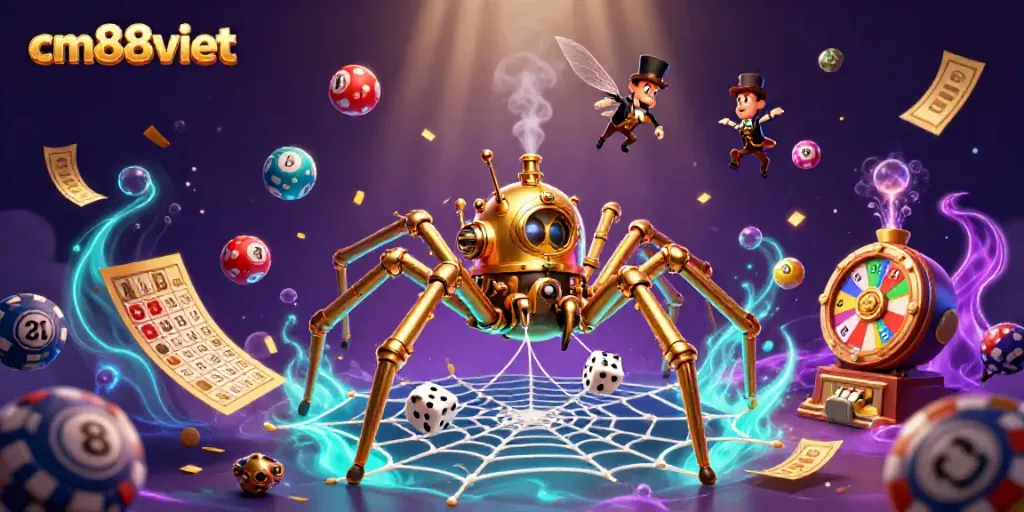 Experience the thrilling world of cm88viet with vibrant lottery elements, a steampunk spider, and a whimsical fly.