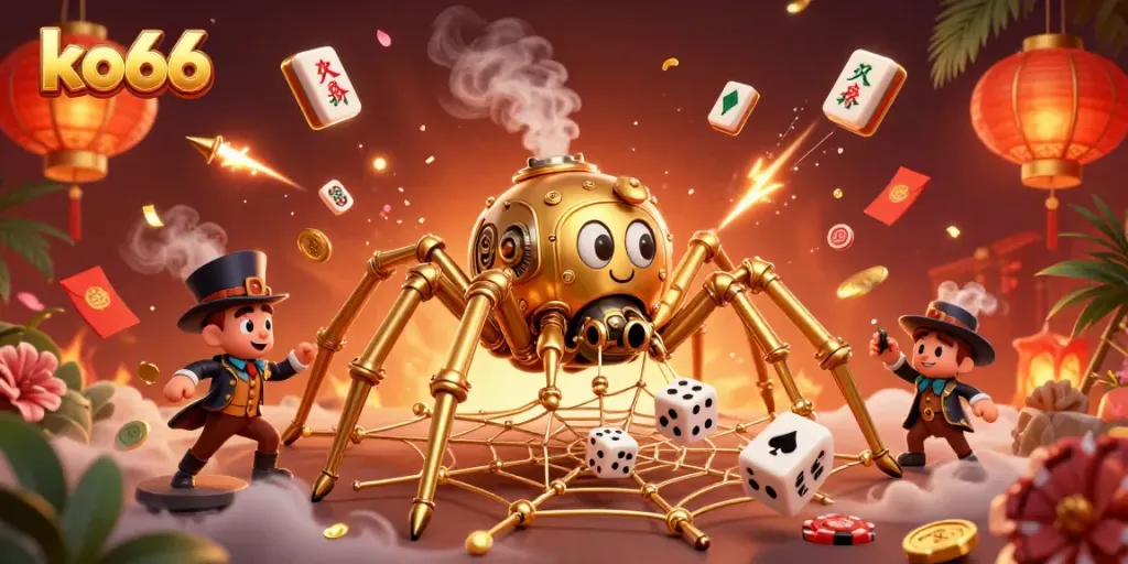 Spin to win at ko66 with vibrant steampunk characters immersed in a golden web of chance.