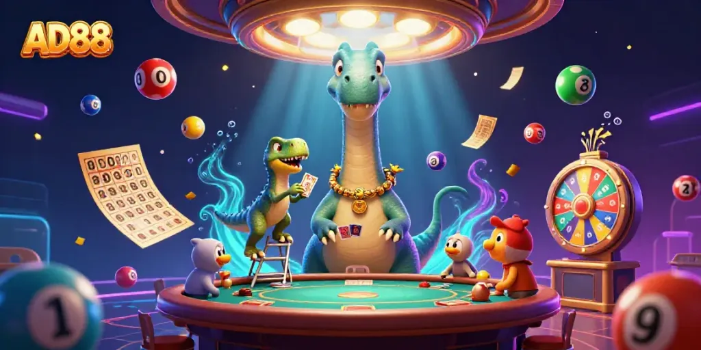Engage in thrilling gambling activities at AD88 with vibrant lottery elements and casino characters.