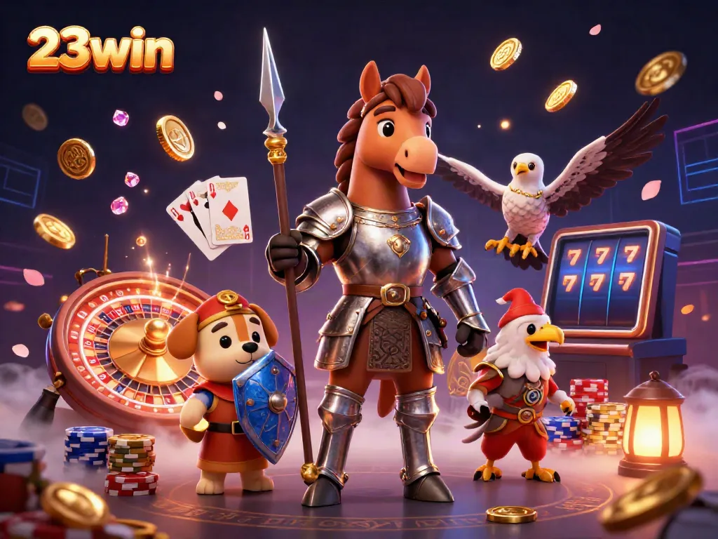 Experience the excitement of 23win with a mystical knight and puppy in a vibrant casino scene.