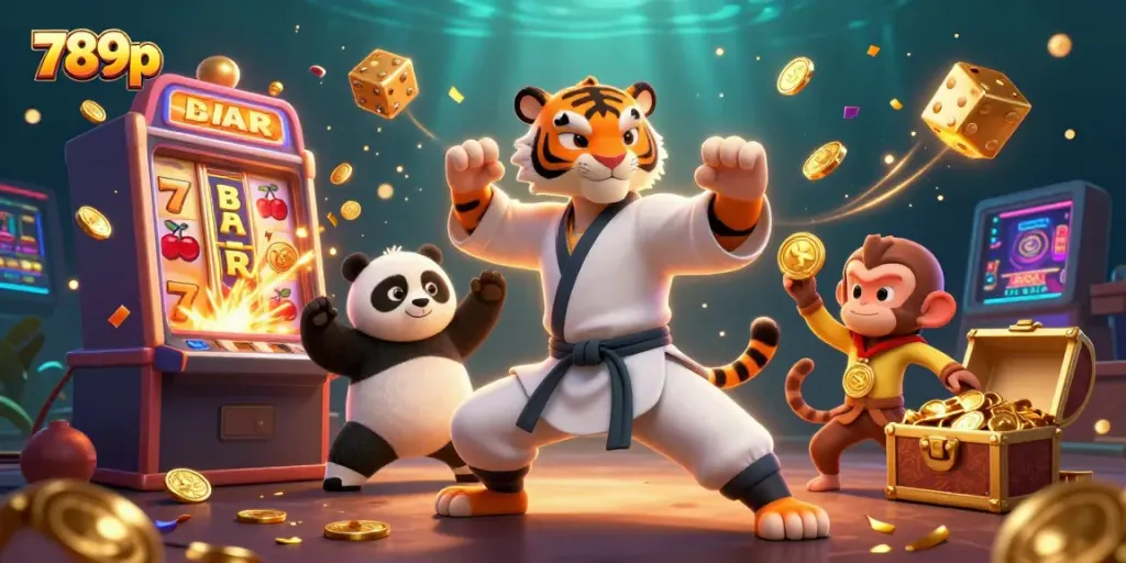 Engage in thrilling gaming with 789p, featuring a kung fu tiger, panda disciple, and monkey amidst slot machine excitement.
