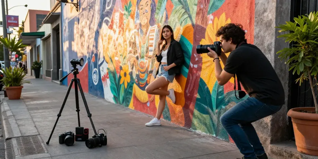 Locaties voor foto's en video in CDMX, jonge fotograaf legt een model vast tegen een levendige muurschildering.
