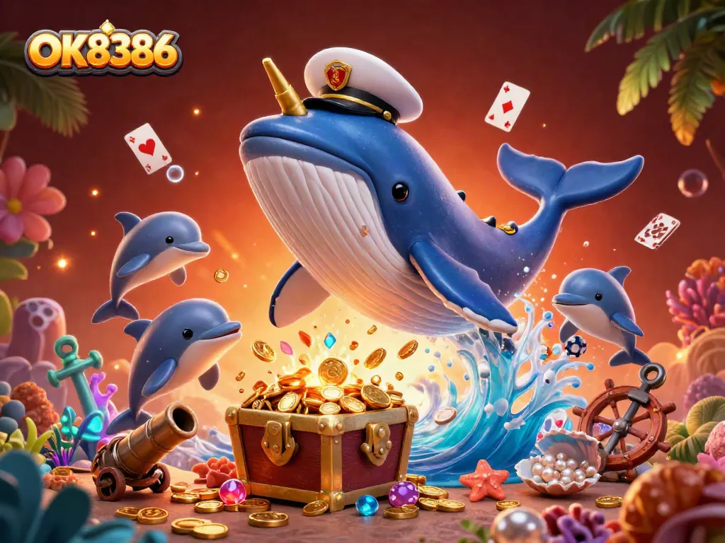 Experience the excitement at OK8386 with a vibrant underwater scene featuring a whimsical whale and dolphins among treasures.