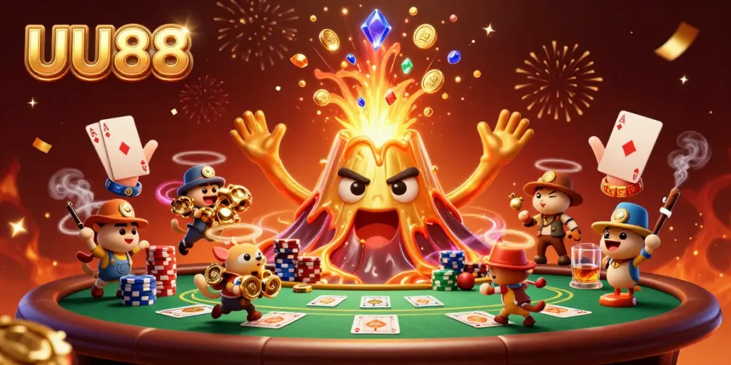 Witness the exciting treasure eruption at UU88, featuring cartoon animals and a triumphant volcano.