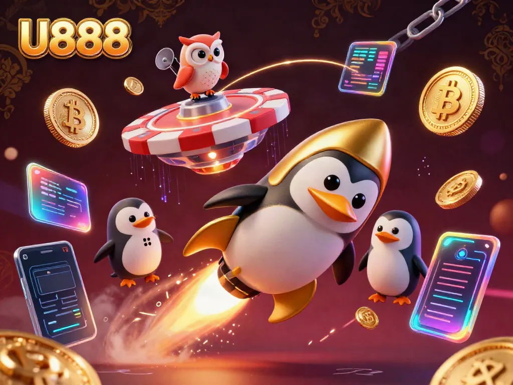 Experience thrilling gameplay at U888 with vibrant elements and a golden penguin in a casino space scene.