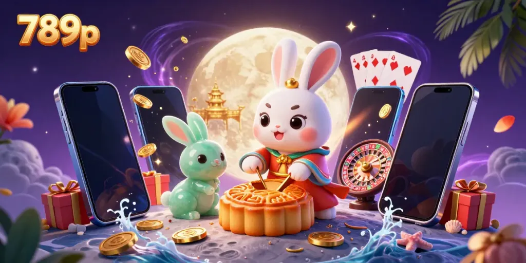 Join the moon rabbit in a vibrant 789p slot scene filled with poker chips and golden treasures!