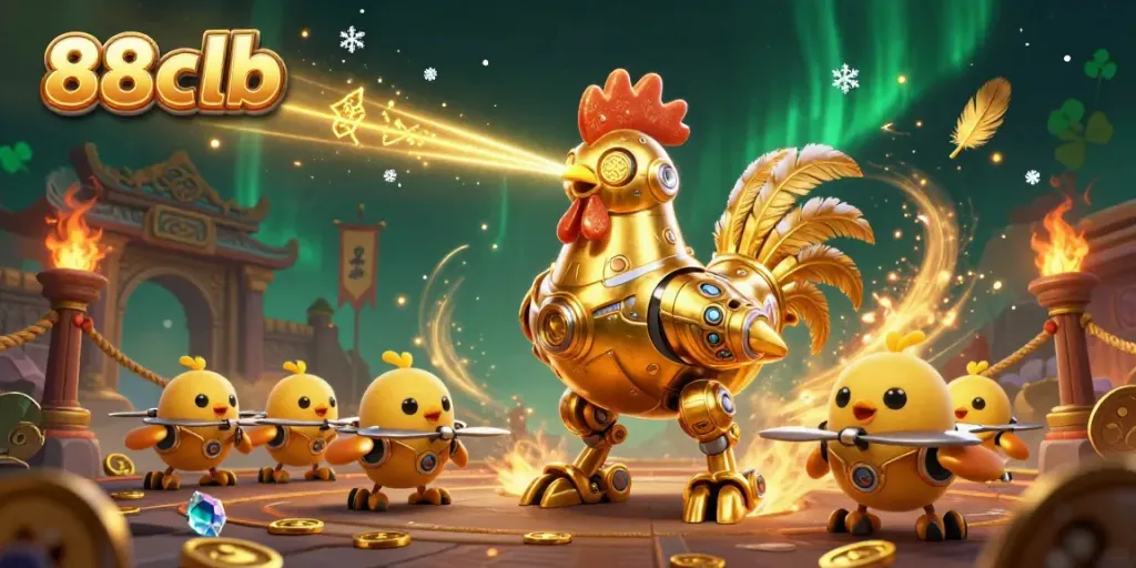 Experience exciting gameplay at 88clb with a golden rooster robot and playful drones in a vibrant casino-themed scene.