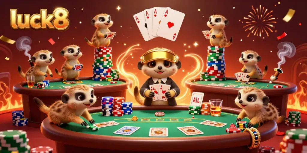 Experience excitement at luck8 with cartoon meerkats operating a lively casino.