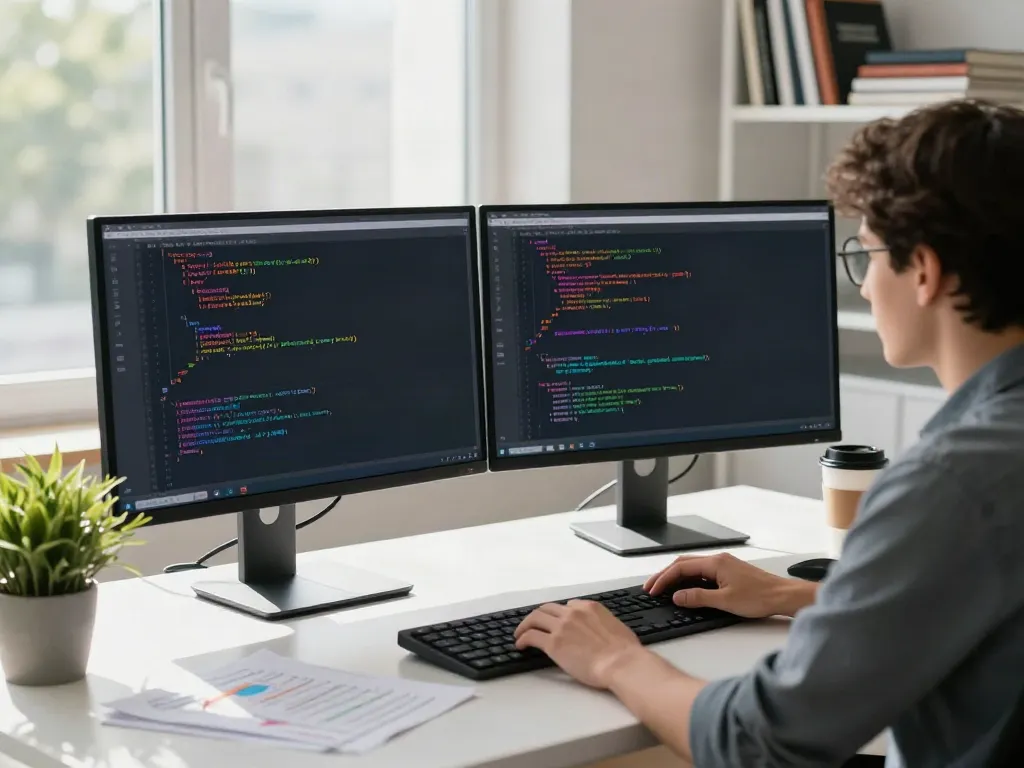 Tech workspace with a developer coding a VPN application, showcasing v2rayN官网 functionality.