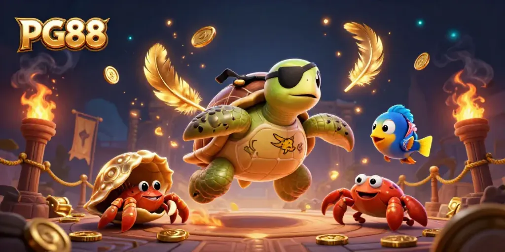 Play and win with PG88's dynamic atmosphere featuring pirate turtle and treasure in a vibrant online casino scene.