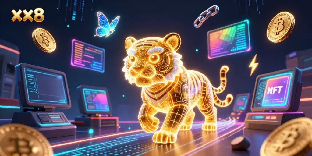 Experience thrilling gameplay at xx8 with neon wireframe tiger and glowing cryptocurrency elements.