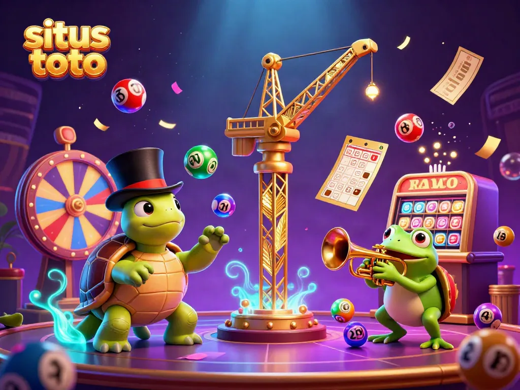 Experience vibrant fun at situs toto with colorful lottery balls and lively characters in a rich casino scene.