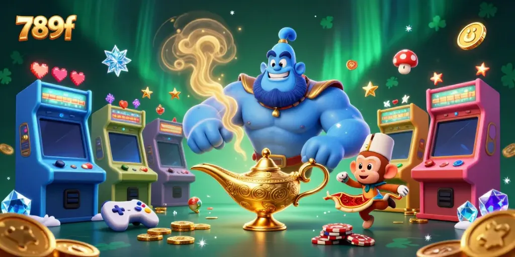 Experience the magic of 789f with a vibrant casino-themed illustration featuring a genie, monkey, and poker chips.