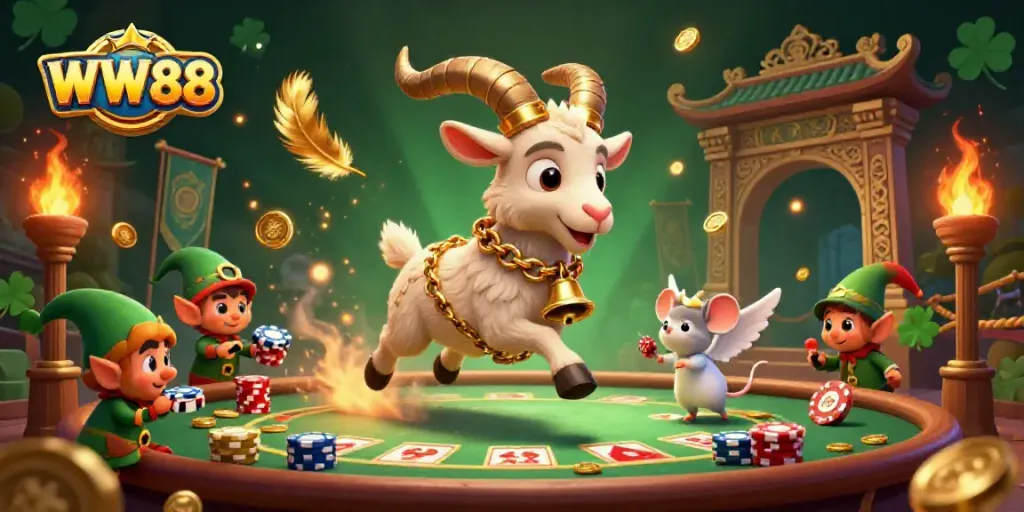Experience the thrill of WW88 as a festive Krampus manages a busy casino filled with gremlins and gold.