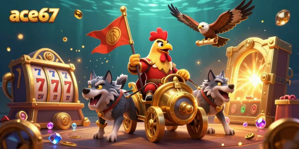 Engage with ace67's thrilling slot experience featuring a courageous rooster warlord amidst riches and gaming elements.