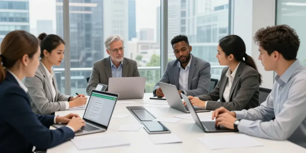 Team analyzing Irish company information in a modern office setting.