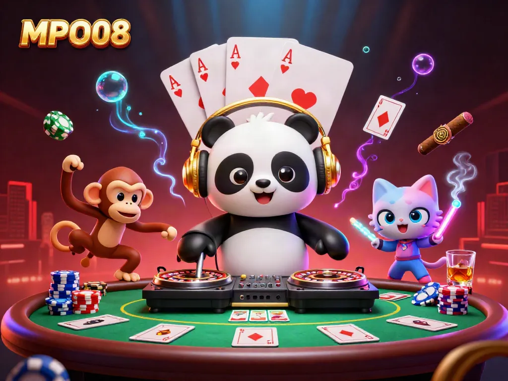 MPO08 casino excitement featuring a DJ panda, breakdancing monkey, and rave kitten amidst colorful poker chips.