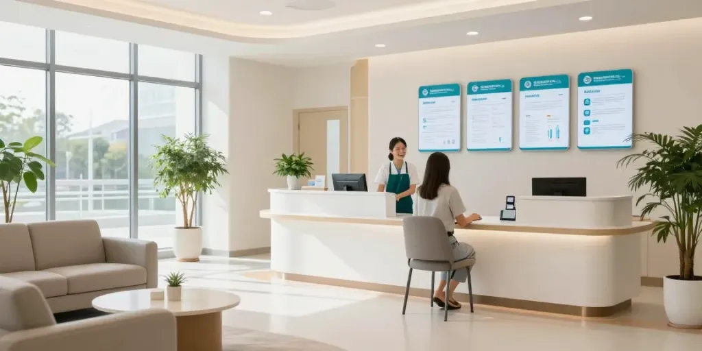 Welcoming healthcare clinic featuring staff assisting patients, emphasizing the reliability of pepitem peptide buy services.