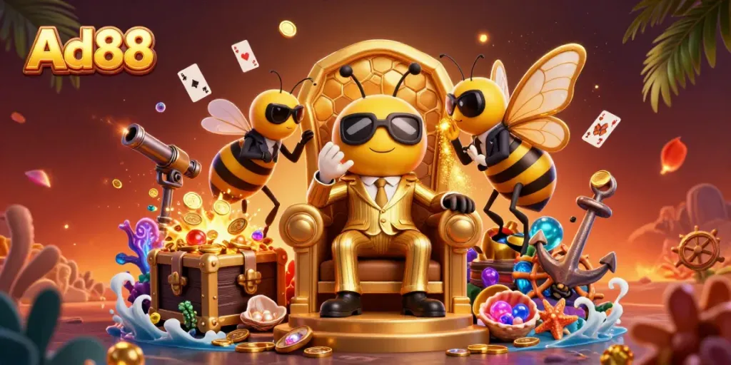 Ad88 features a colorful cartoon mob boss character amidst an exciting underwater casino adventure.