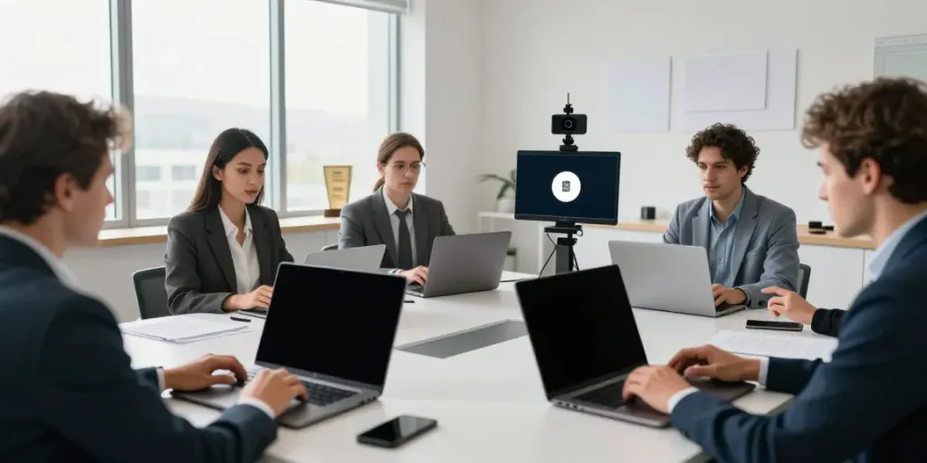Deepfake protected Online Video Calls, Meetings and Conferencing with a diverse team collaborating securely in a bright modern office.