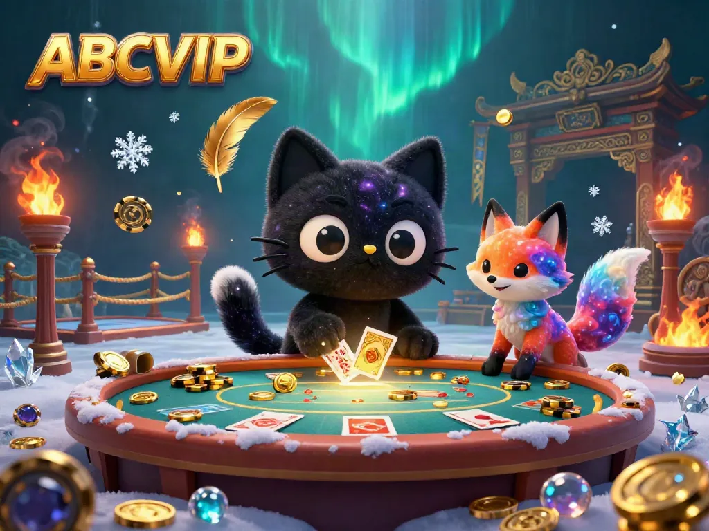 Experience the cosmic allure of ABCVIP at a vibrant casino, where a black hole cat and nebula fox engage with golden chips and cards.