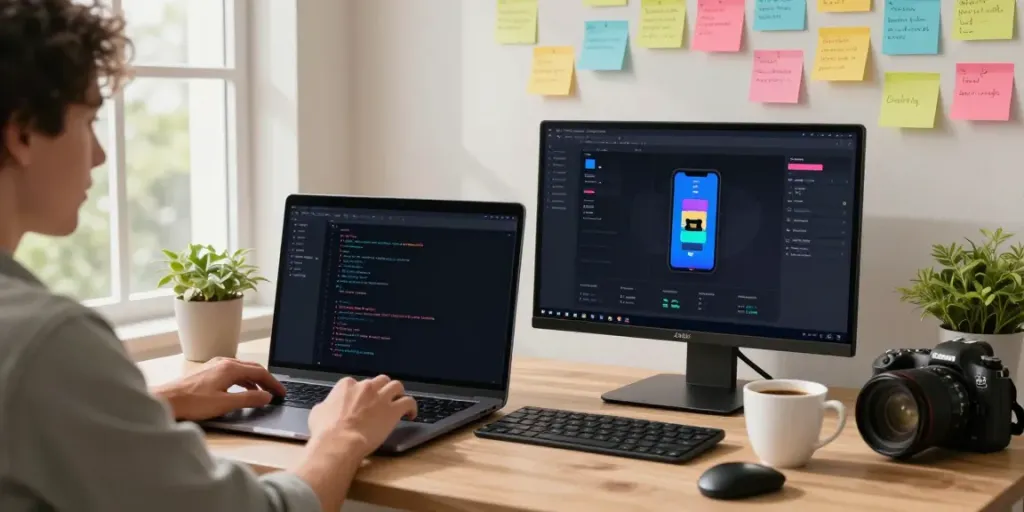Developer engaged in mod apk customization in a vibrant workspace.