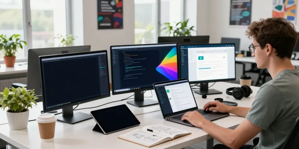 Developer showcasing 2113 Apps workspace with Android coding and tech gadgets.