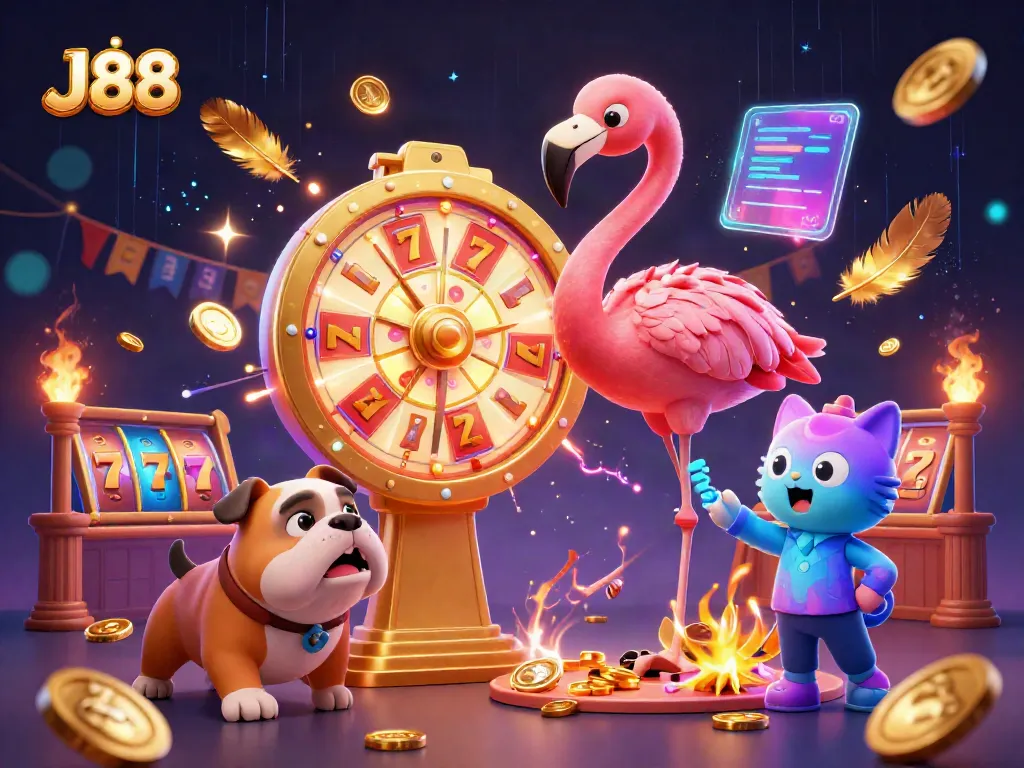 Experience the thrill of J88 gaming with a lively scene featuring a flamingo host, bulldog contestant, and exciting prizes.