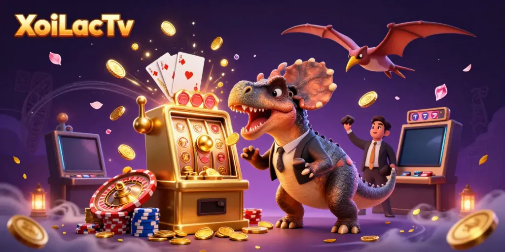 Experience the excitement of gambling with XoiLacTv as a dinosaur celebrates a jackpot.