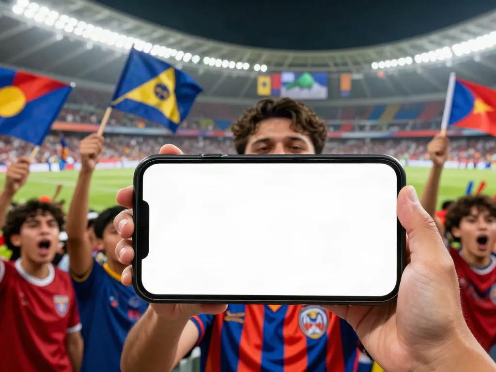 Football fan celebrating with live updates of ข่าวกีฬาฟุตบอล in a bustling stadium atmosphere.