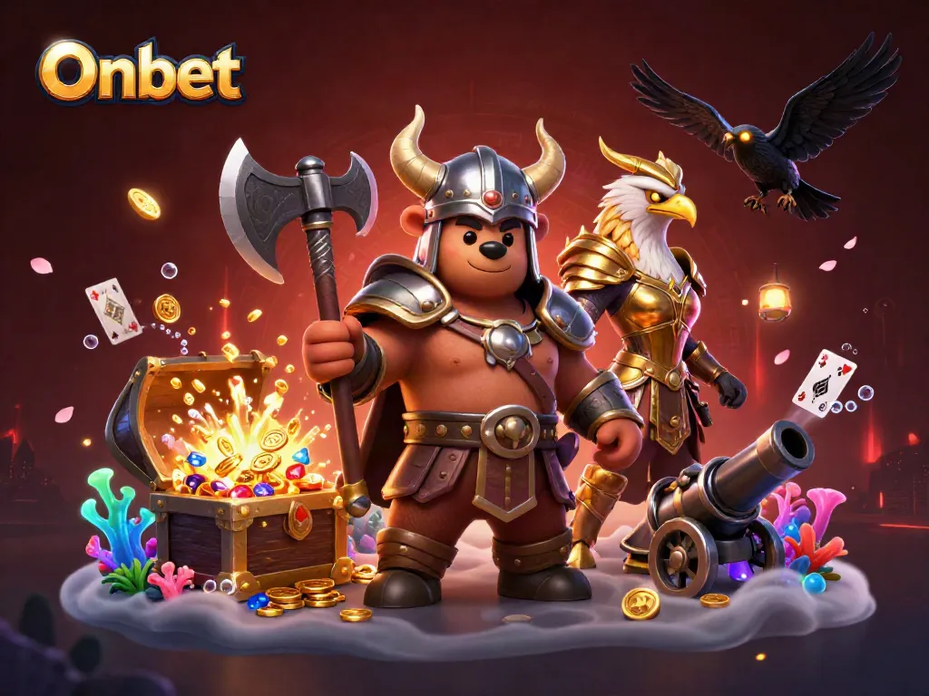 Experience thrilling gameplay at Onbet with a vibrant casino illustration featuring characters and gambling elements.