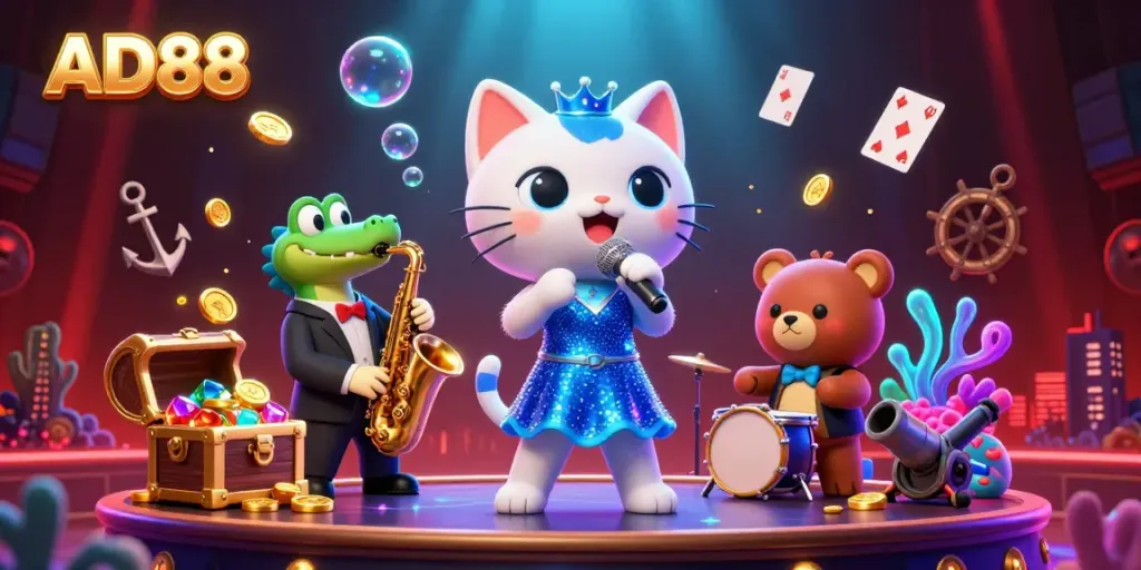 Experience thrilling gaming at AD88, featuring cartoon characters in a vibrant casino scene with gold coins and floating cards.