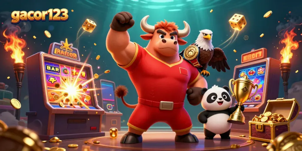 Experience excitement with gacor123 as a bull mascot, eagle, and panda thrive in a dynamic casino scene.