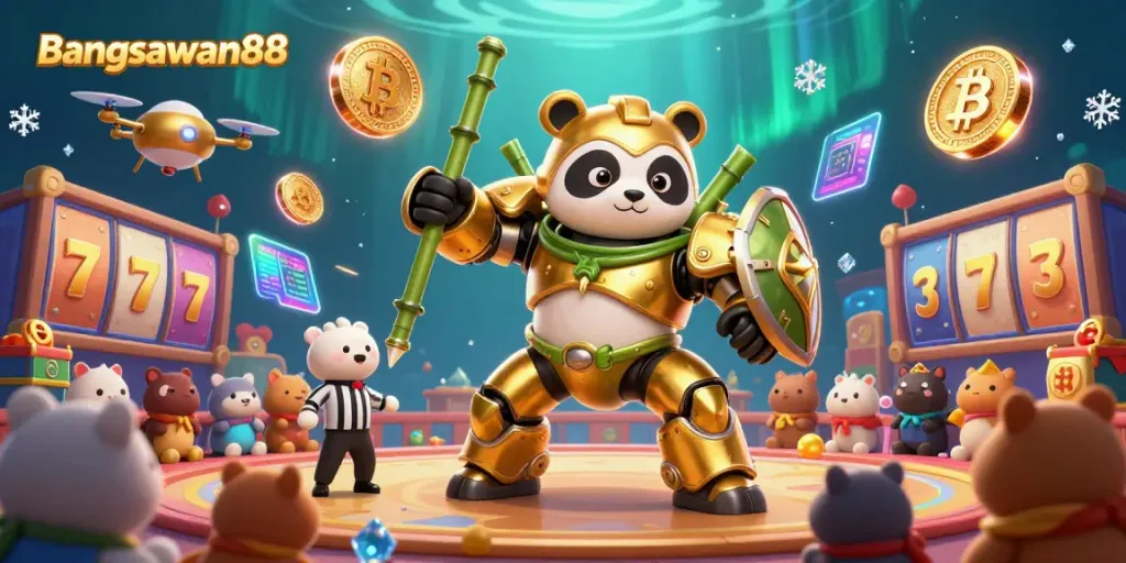 Engage with Bangsawan88's vibrant online casino atmosphere featuring a golden panda mech and exciting slot elements.