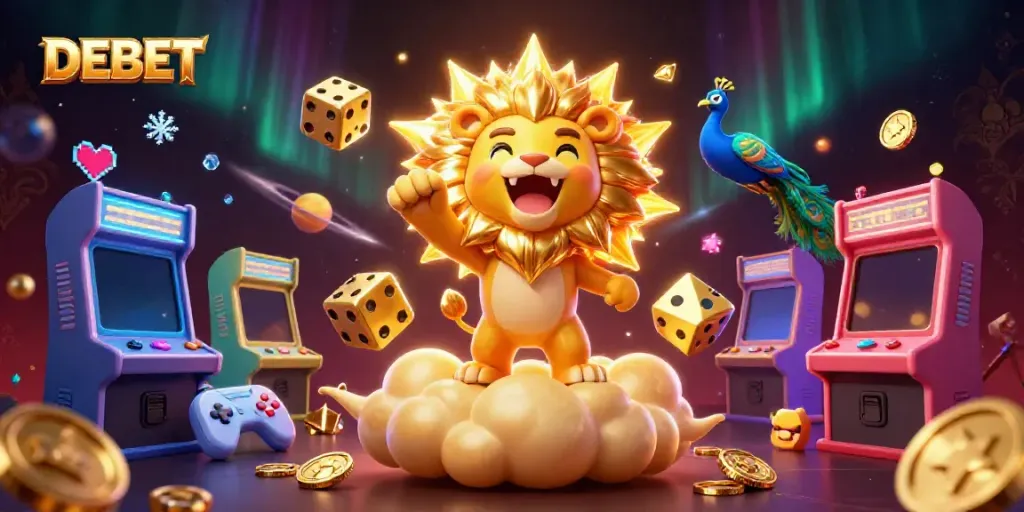 Experience the magic of DEBET in this vibrant, 3D casino-themed illustration filled with gaming excitement.